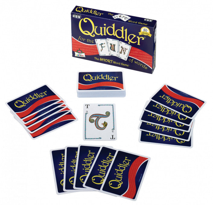 Quiddler card game box front with letter cards visible