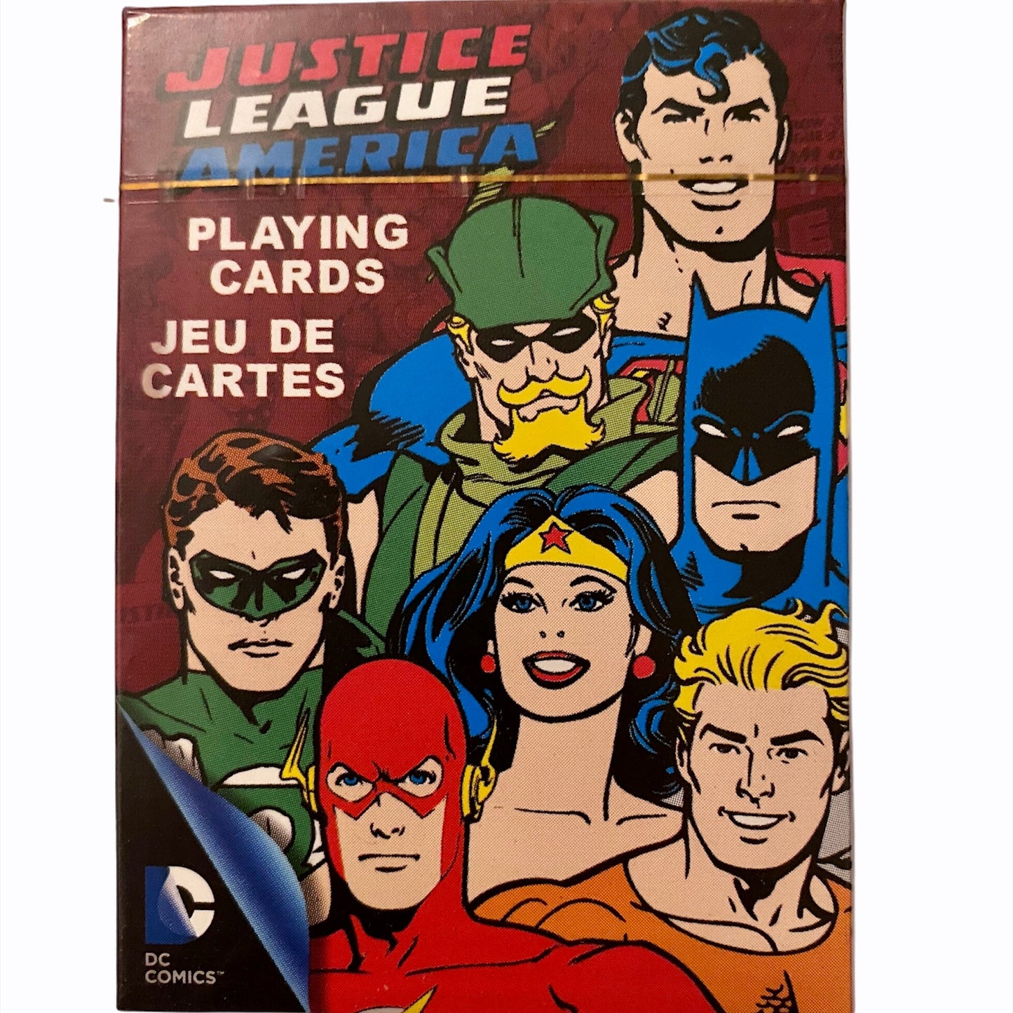 DC playing cards with Justice League America artwork spread