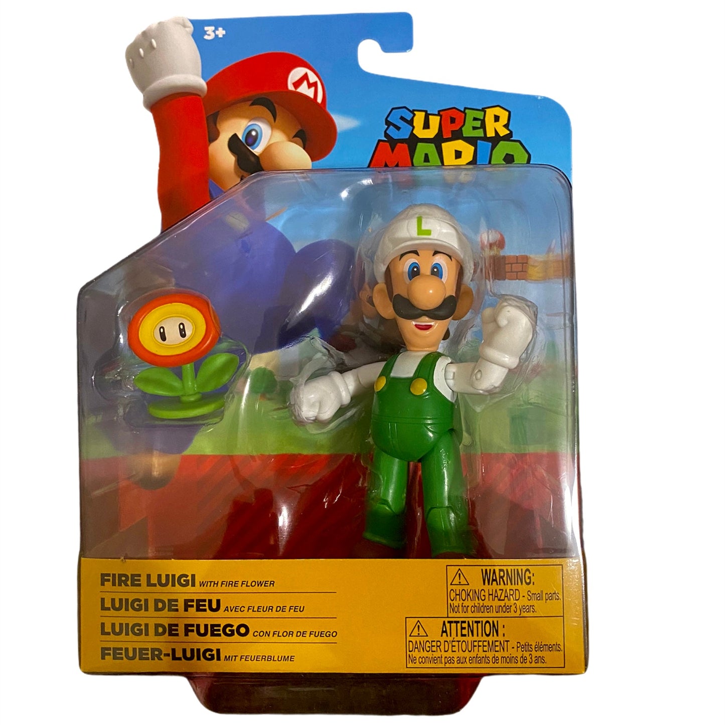 Fire Luigi Nintendo figure on Super Mario merch shelf