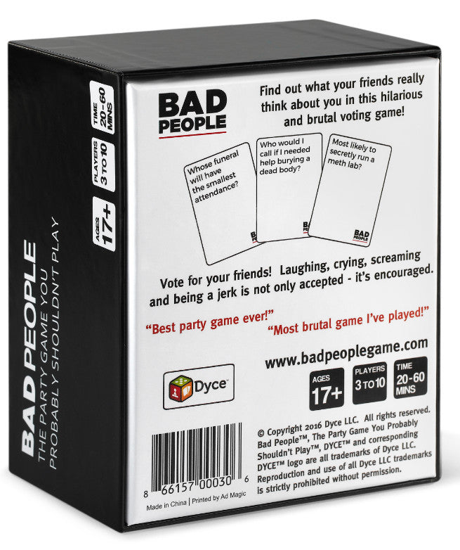 Bad People card game box with voting and question cards