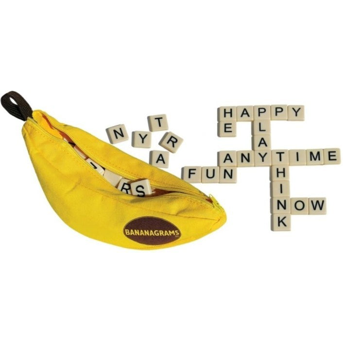 Bananagrams word tile game setup on tabletop for players