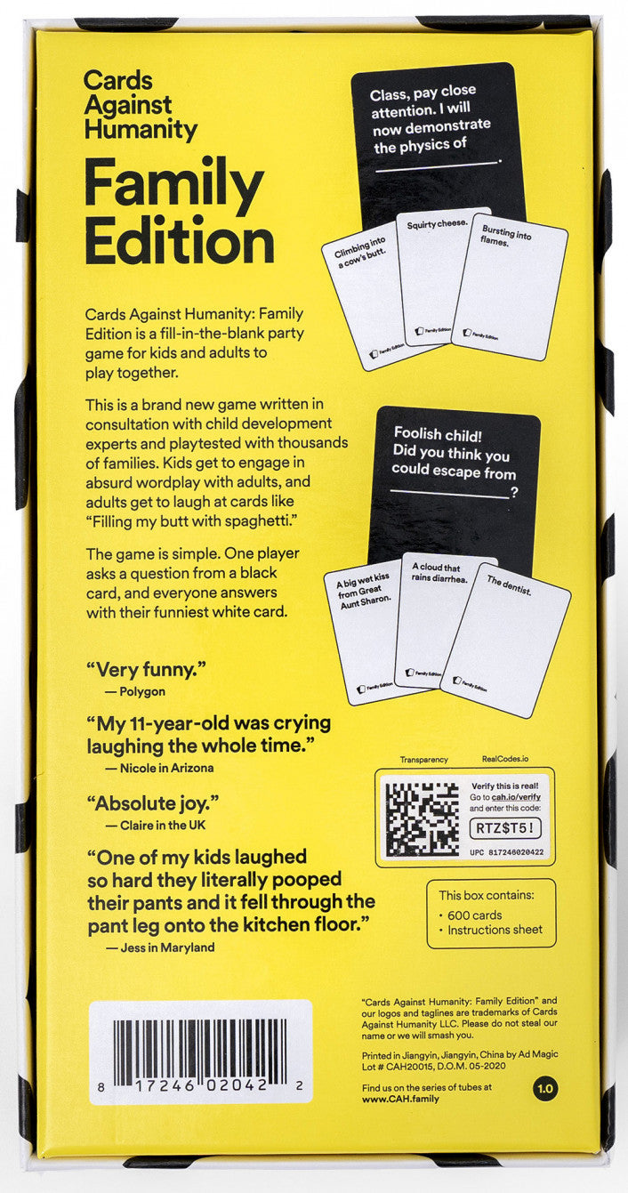 Cards Against Humanity Family Edition box and cards layout