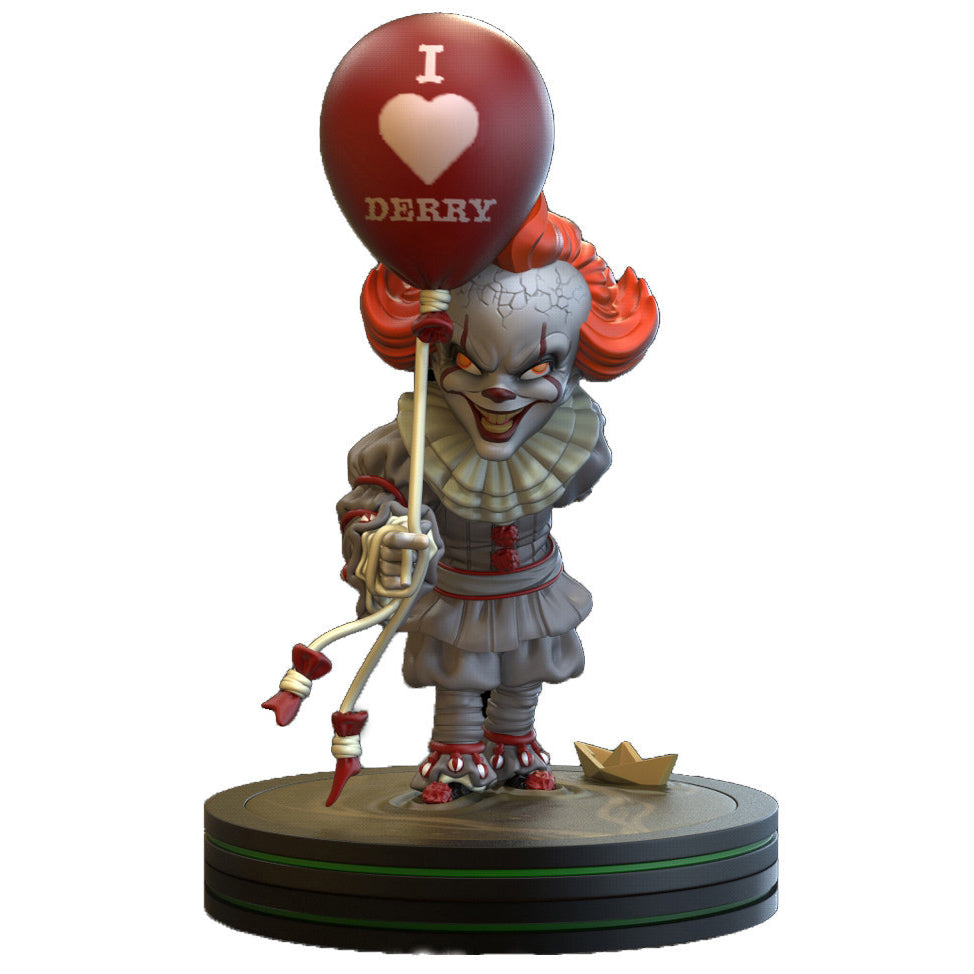 Pennywise figure holding red balloon with Georgie’s boat