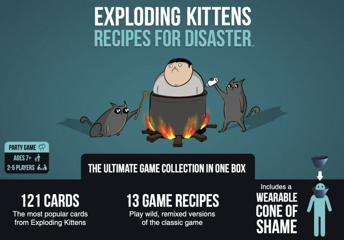 Exploding Kittens Recipes card game box and Cone of Shame