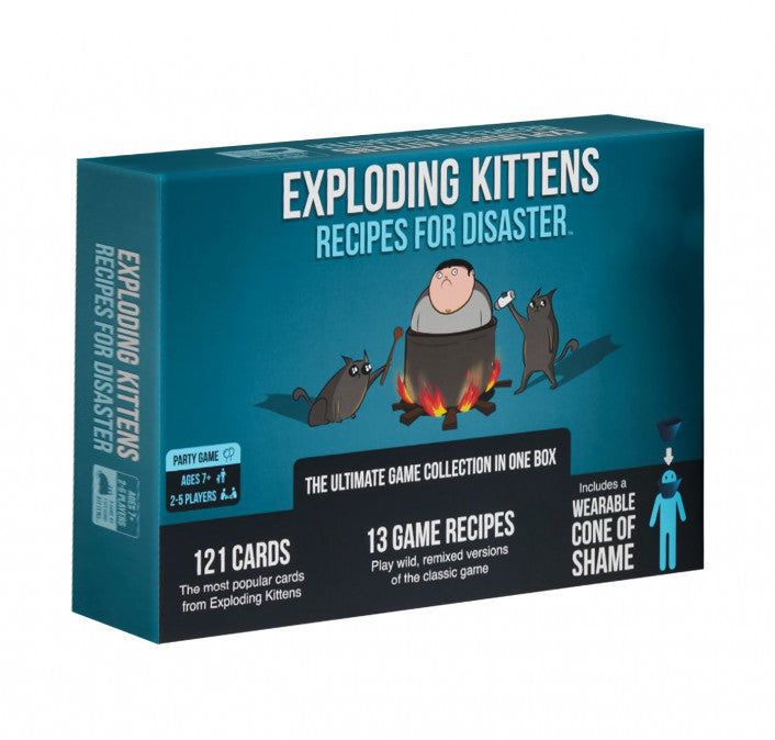 Exploding Kittens Recipes card game box and Cone of Shame