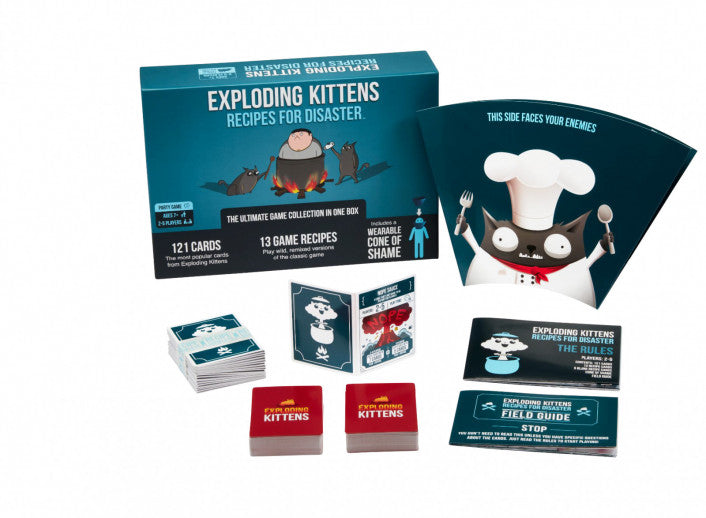 Exploding Kittens Recipes card game box and Cone of Shame