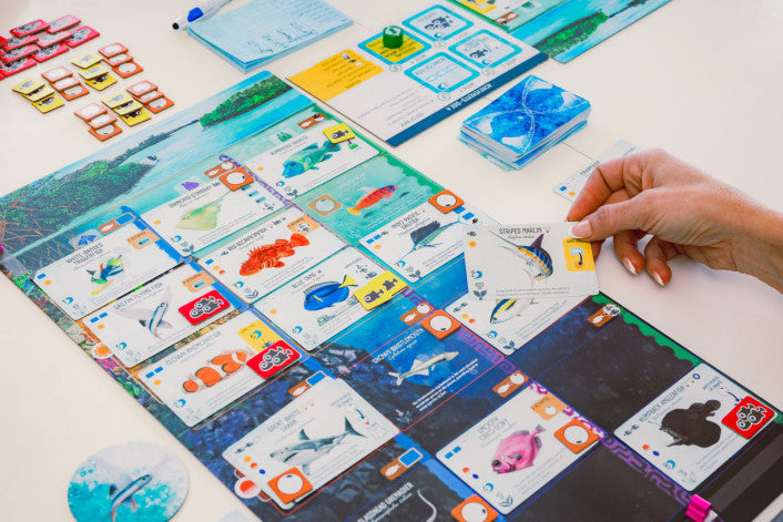 Finspan board game with ocean zones and solo play setup