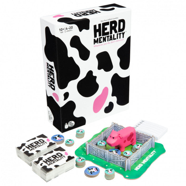 Herd Mentality board game box with cows and game cards