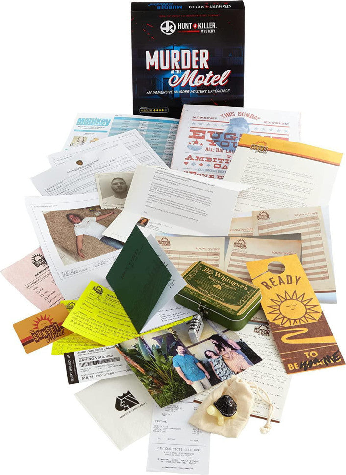 Hunt A Killer murder mystery board game set on table