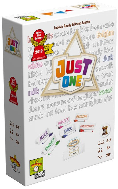 Just One board game box with clue cards and markers