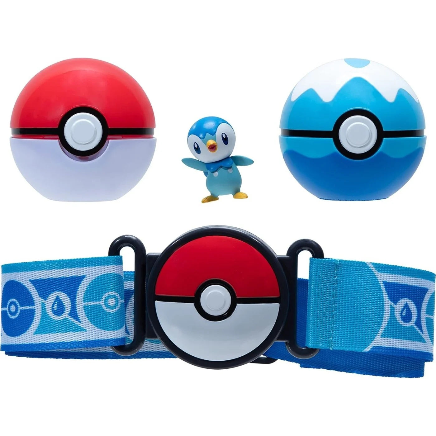 okemon clip n go belt with Piplup and Poké Balls