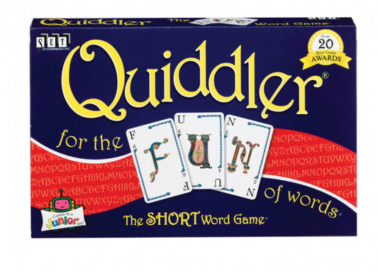 Quiddler card game box front with letter cards visible