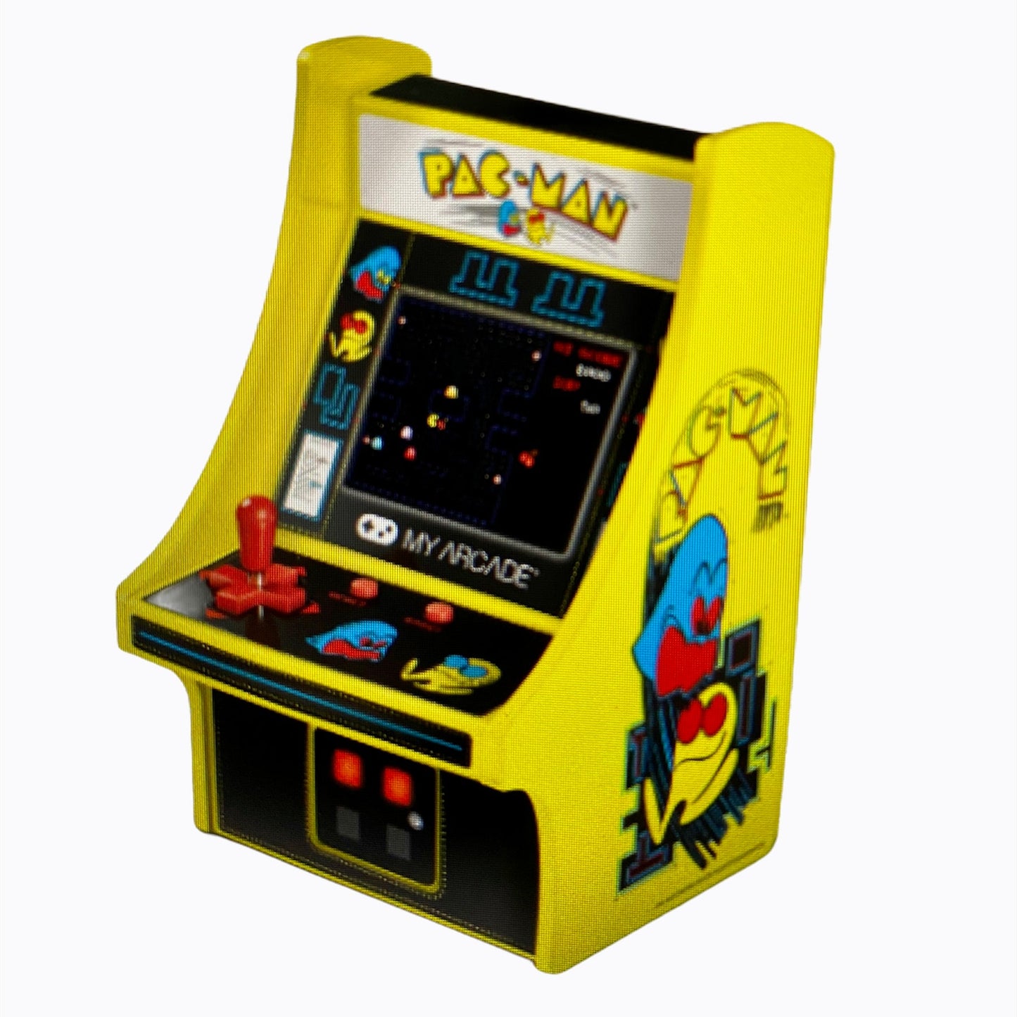 Pac-Man mini arcade cabinet with retro joystick design