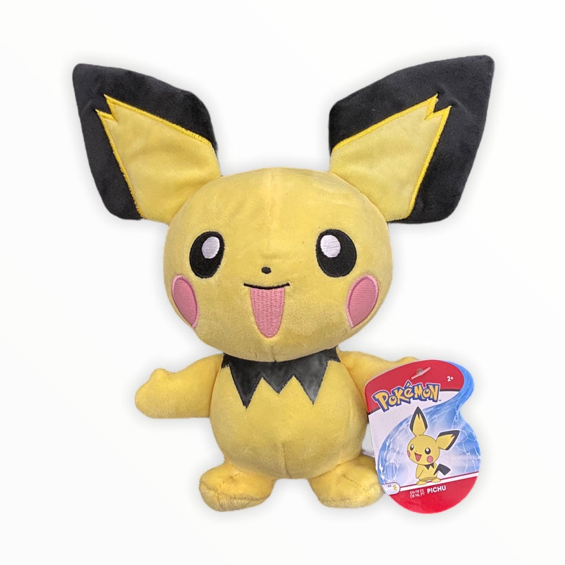 Pikachu plushie toy with Pichu collectible on shelf