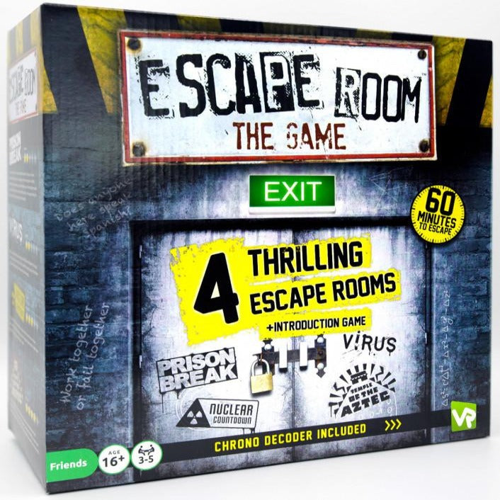 Escape room board game with decoder and puzzle cards